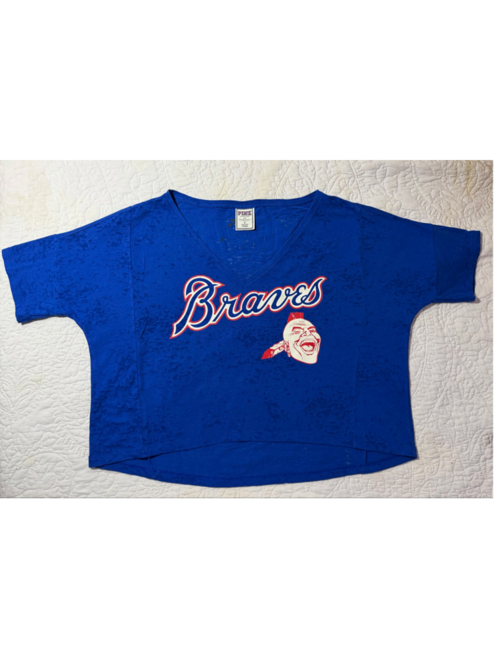 Victoria’s Secret PINK Atlanta Braves Blue Burnout Oversized V-Neck Tee S